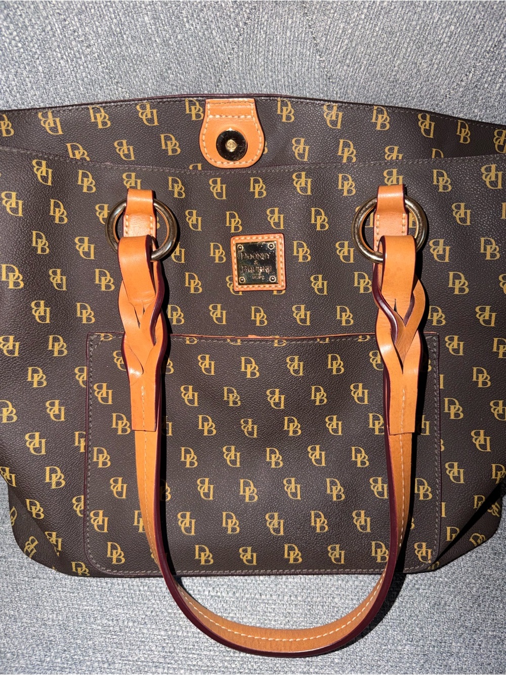 Dooney & Bourke Brown Monogram Tote with Tan Braided Handles - Picture 8 of 9